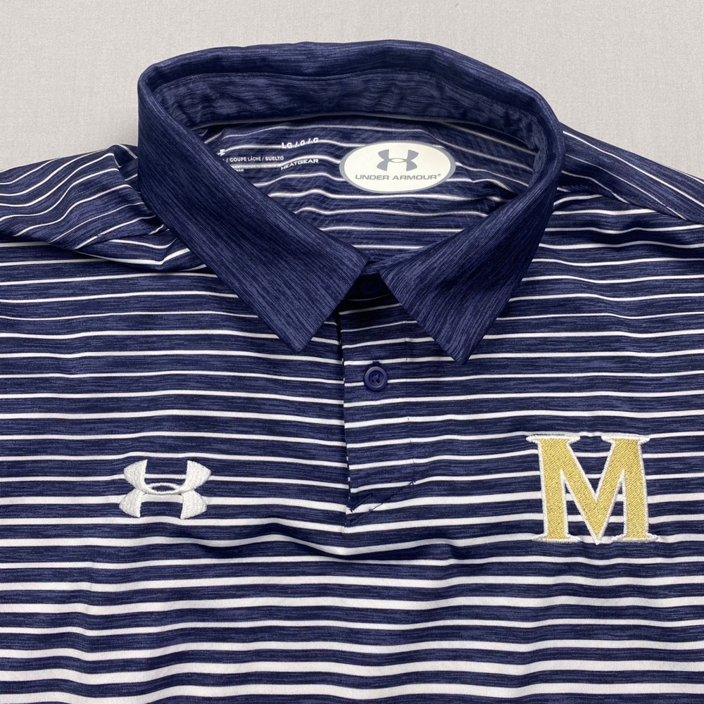 Under Armour HeatGear Mens Large Navy Striped‎ Polo Shirt Michigan M Logo